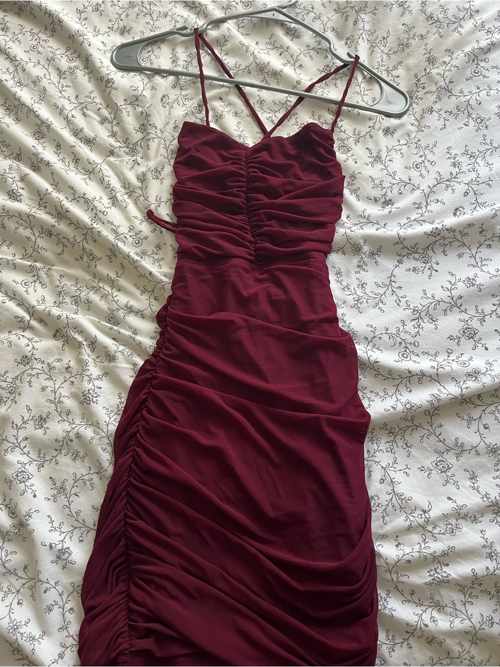 Windsor Ruched Burgundy Spaghetti-Strap Mini Dress